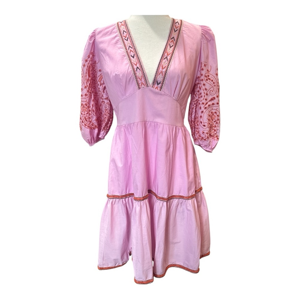 DIXIE Pink Mini Dress Embroidered V-Neck Puff Sleeve Tiered Size S DX Collection